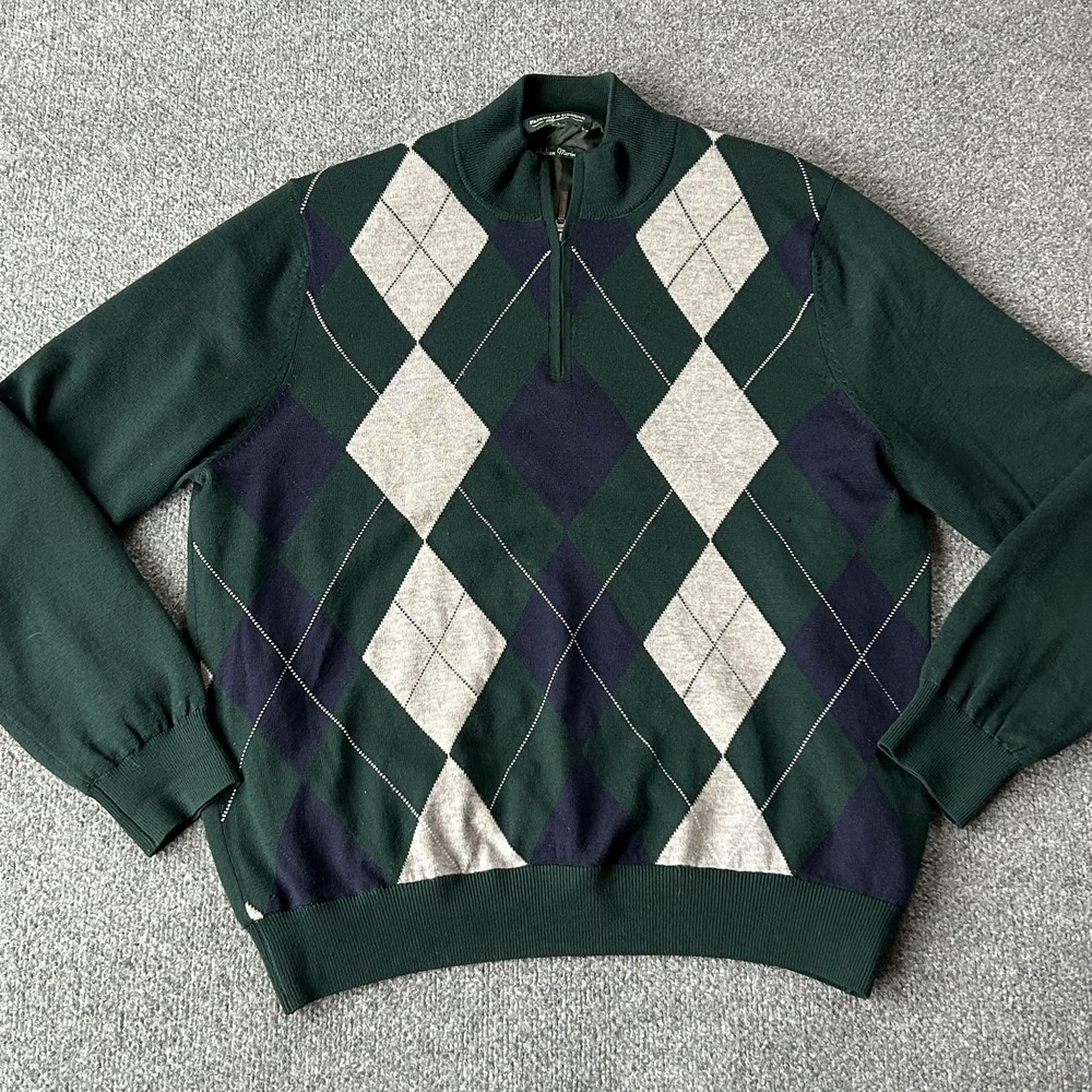 Fairway & Greene Sweater Mens Large Green Argyle Italian Merino 1/4 Zip Golf VTG